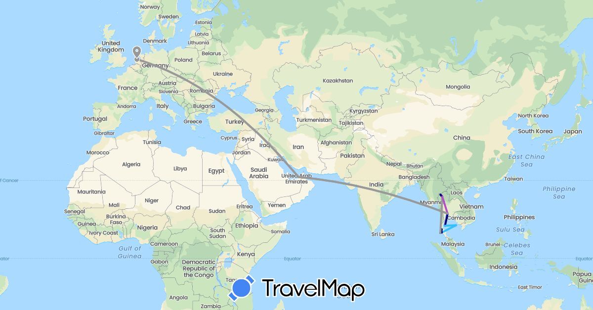 TravelMap itinerary: driving, bus, plane, train, boat in United Arab Emirates, Cambodia, Netherlands, Thailand (Asia, Europe)